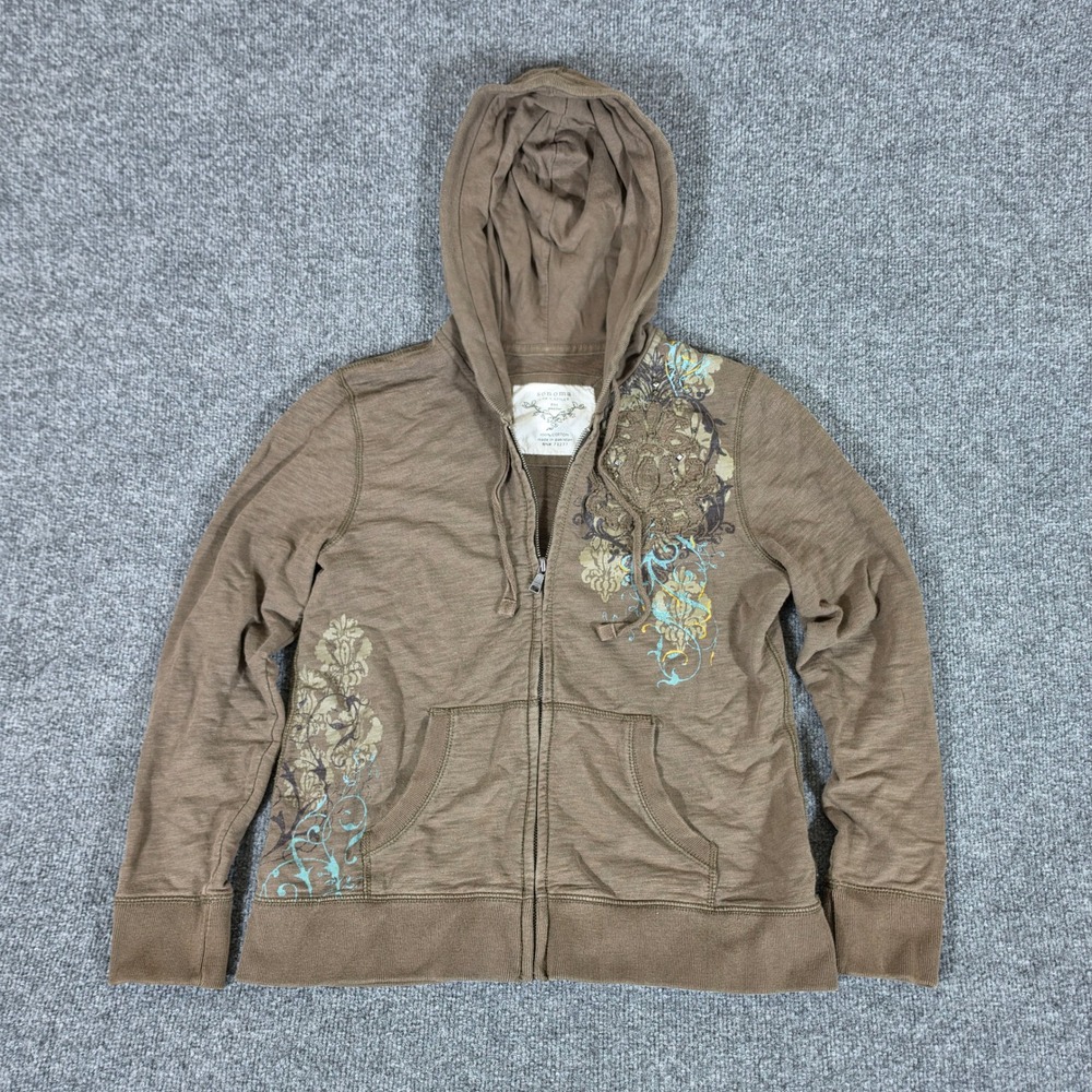 Y2K Sonoma Life Style Brown Graphic Full Zip Hoodie Petite Medium PM Floral